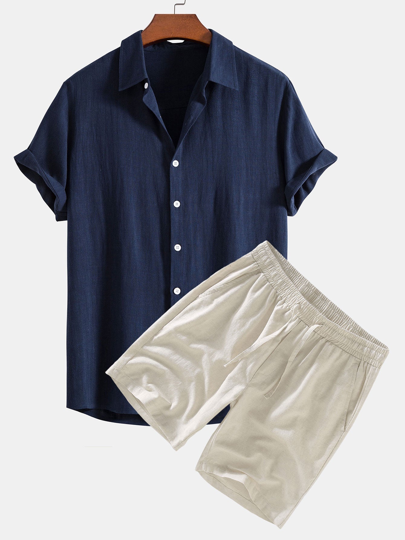 Linen Rayon Blend Button-Up Shirt & Linen Drawstring Shorts