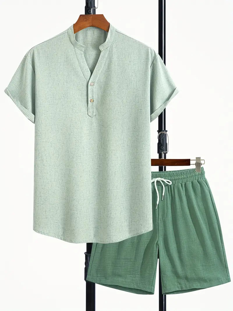 Men's V-Neck Linen Blend 2-Piece Set