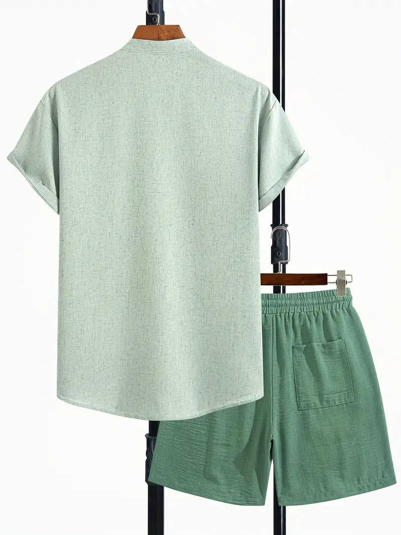 Men's V-Neck Linen Blend 2-Piece Set