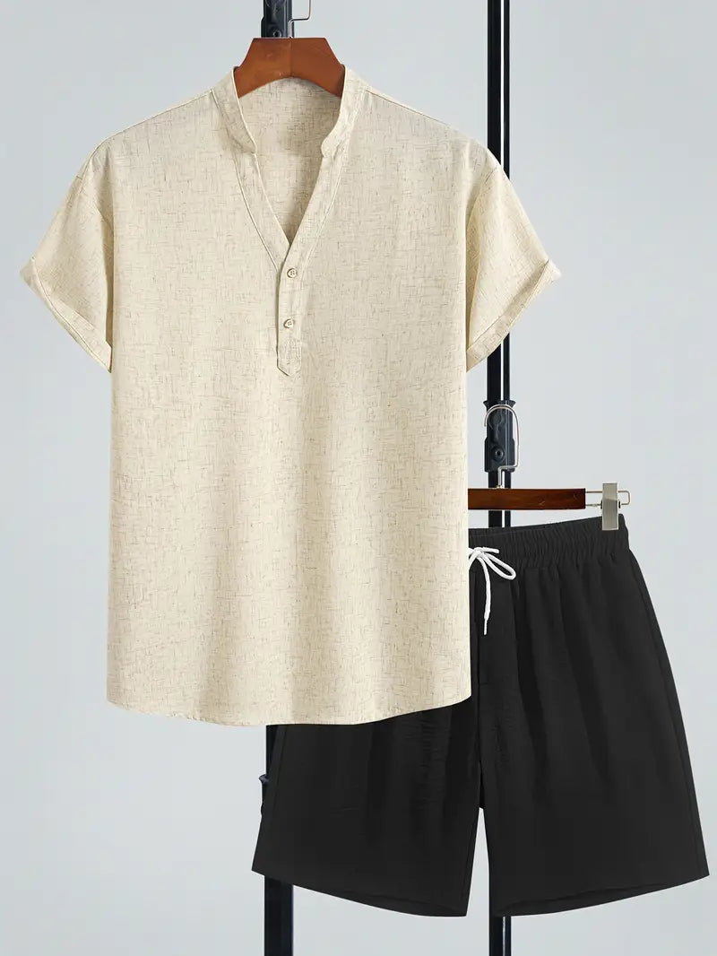 Men's V-Neck Linen Blend 2-Piece Set