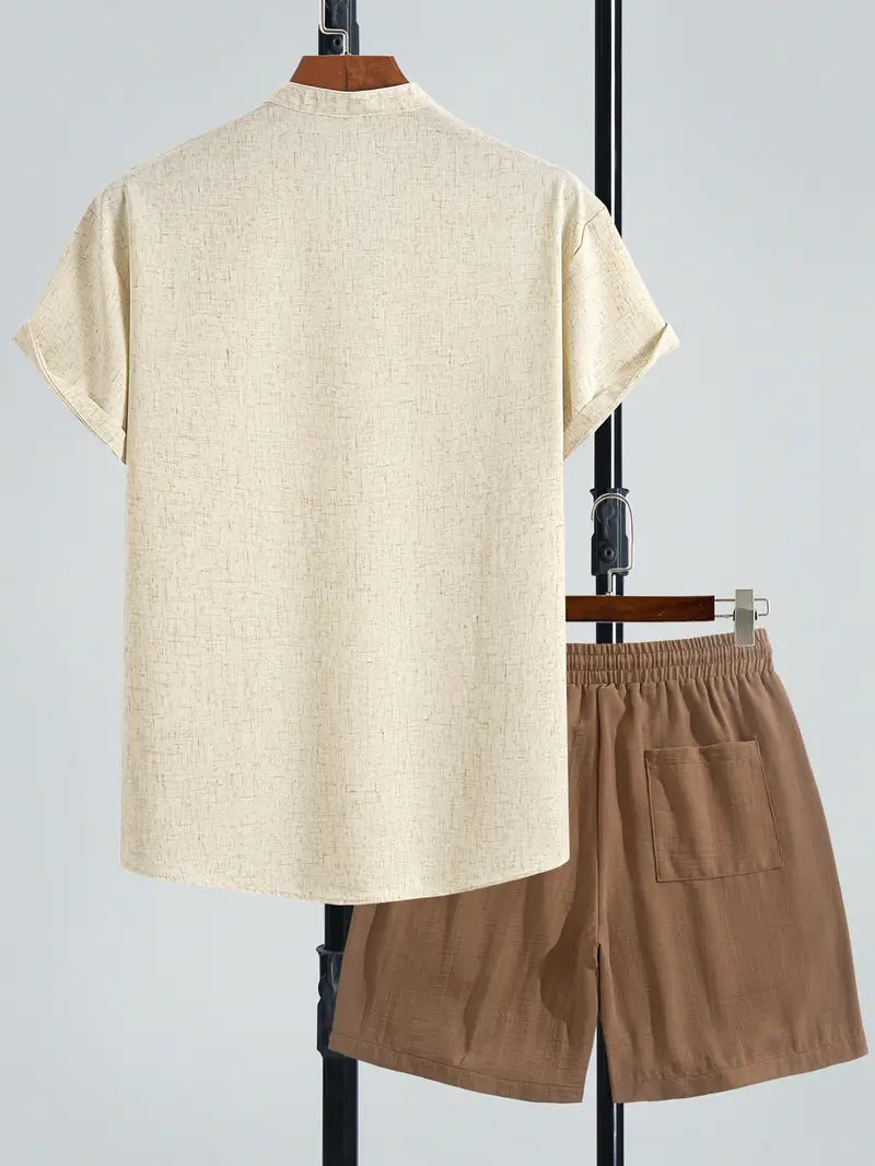Men's V-Neck Linen Blend 2-Piece Set