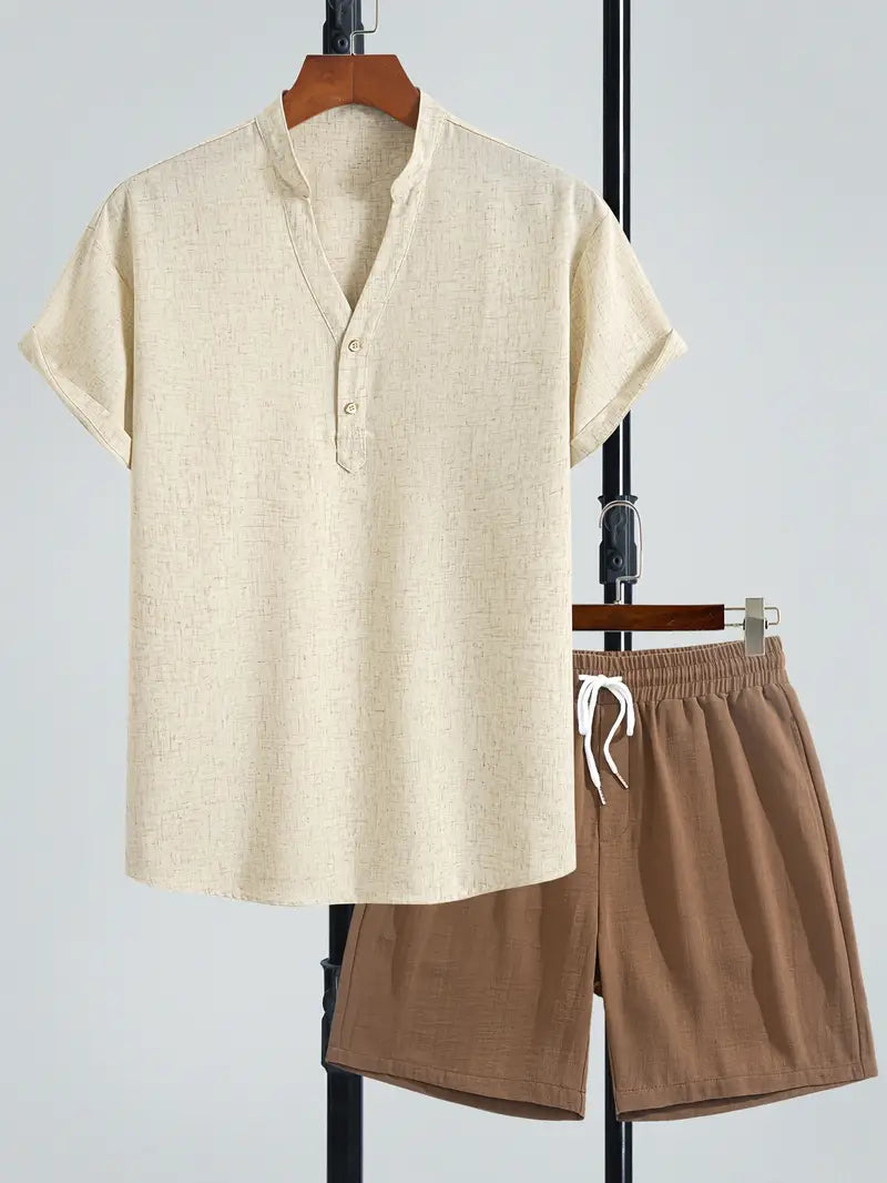 Men's V-Neck Linen Blend 2-Piece Set