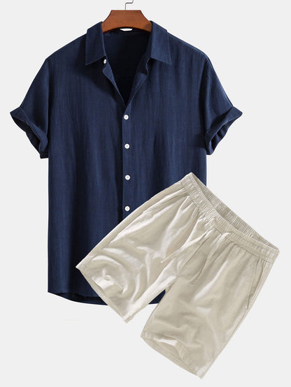 Linen Rayon Blend Button-Up Shirt & Linen Drawstring Shorts