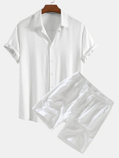 Linen Rayon Blend Button-Up Shirt & Linen Drawstring Shorts