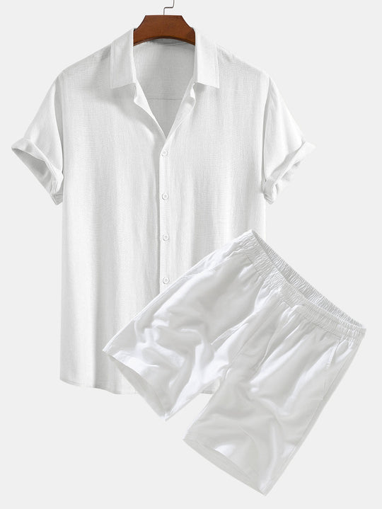 Linen Rayon Blend Button-Up Shirt & Linen Drawstring Shorts