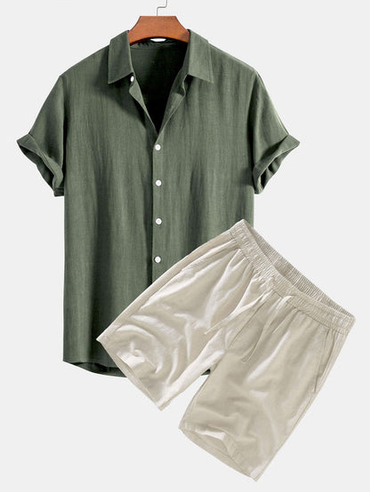 Linen Rayon Blend Button-Up Shirt & Linen Drawstring Shorts
