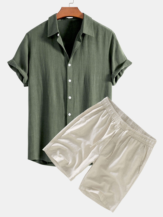 Linen Rayon Blend Button-Up Shirt & Linen Drawstring Shorts