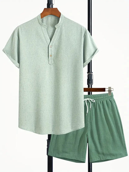 Men's V-Neck Linen Blend 2-Piece Set