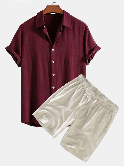 Linen Rayon Blend Button-Up Shirt & Linen Drawstring Shorts