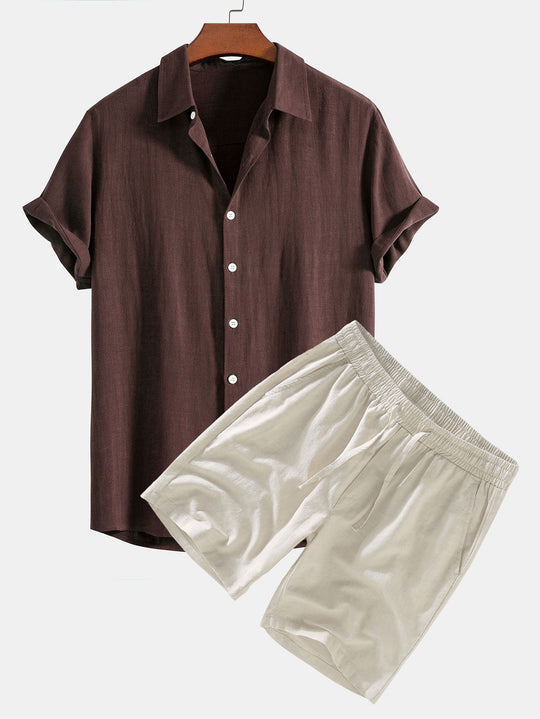 Linen Rayon Blend Button-Up Shirt & Linen Drawstring Shorts
