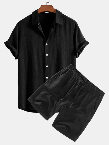 Linen Rayon Blend Button-Up Shirt & Linen Drawstring Shorts