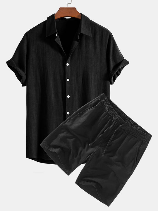 Linen Rayon Blend Button-Up Shirt & Linen Drawstring Shorts
