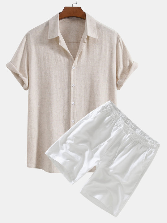 Linen Rayon Blend Button-Up Shirt & Linen Drawstring Shorts